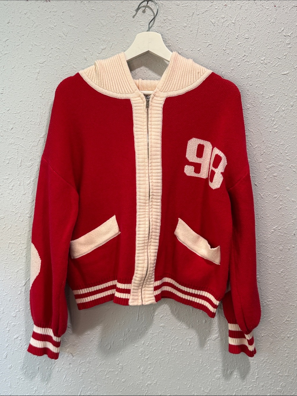 Altar'd State Jocelyn Zip-Up Varsity‎ Jacket Red and White